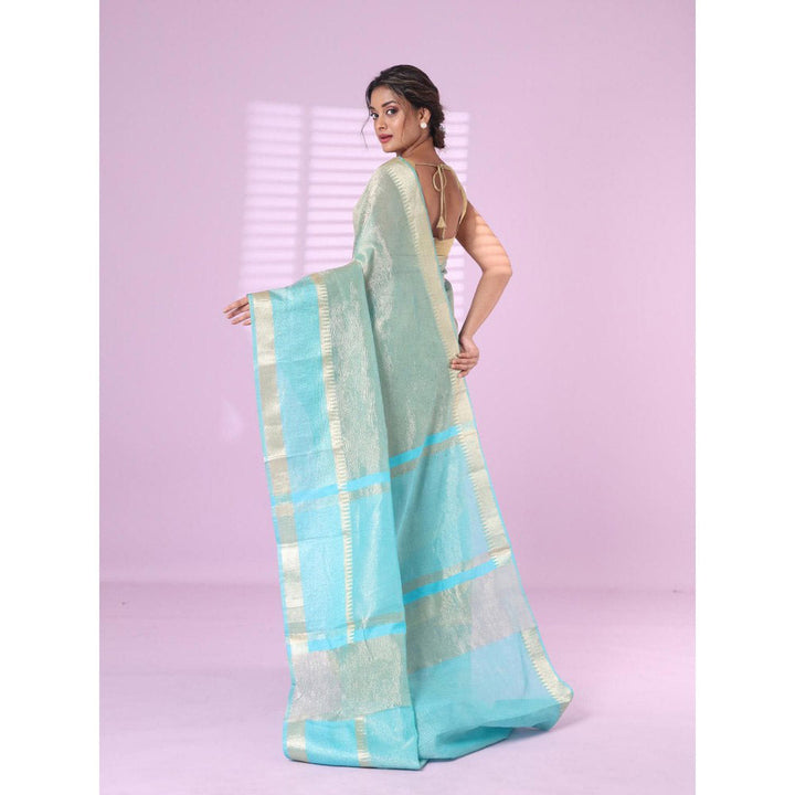 CHARUKRITI Sky Blue Crush Tissue Saree Zari Border with Unstitched Blouse