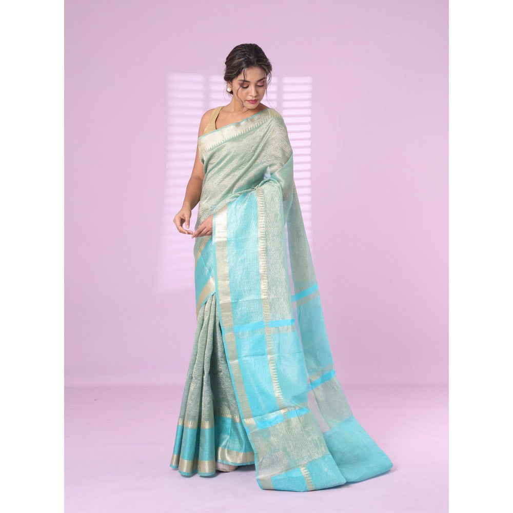 CHARUKRITI Sky Blue Crush Tissue Saree Zari Border with Unstitched Blouse