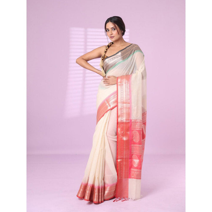 CHARUKRITI White Resham Kota Checkbox Saree Ganga Jamuna Zari Border with Unstitched Blouse