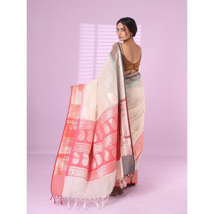 CHARUKRITI White Resham Kota Checkbox Saree Ganga Jamuna Zari Border with Unstitched Blouse