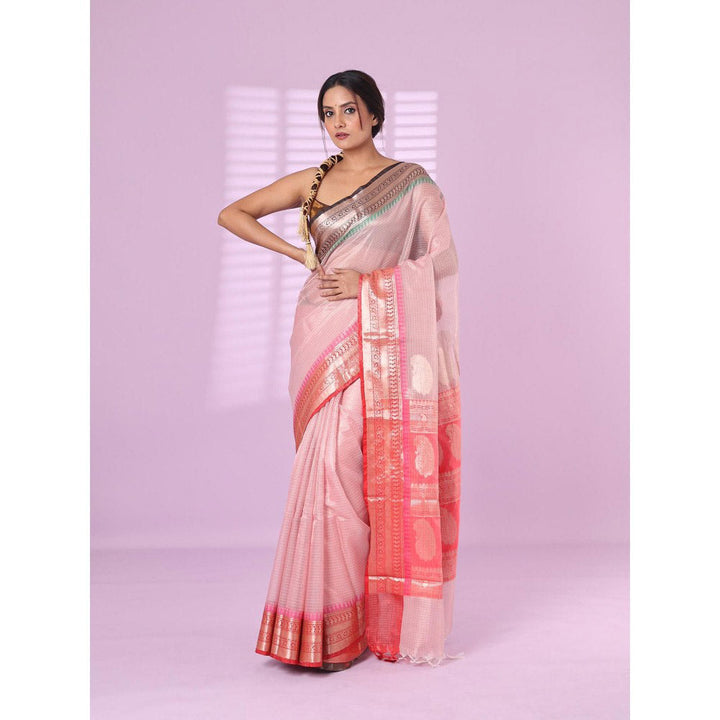 CHARUKRITI Baby Pink Tissue Checkbox Saree Ganga Jamuna Zari Border with Unstitched Blouse