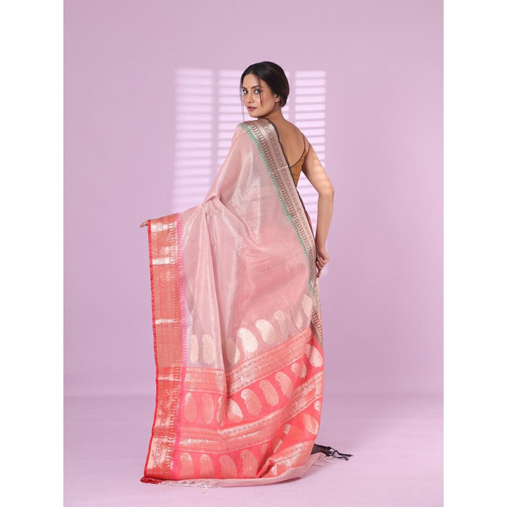 CHARUKRITI Baby Pink Tissue Checkbox Saree Ganga Jamuna Zari Border with Unstitched Blouse