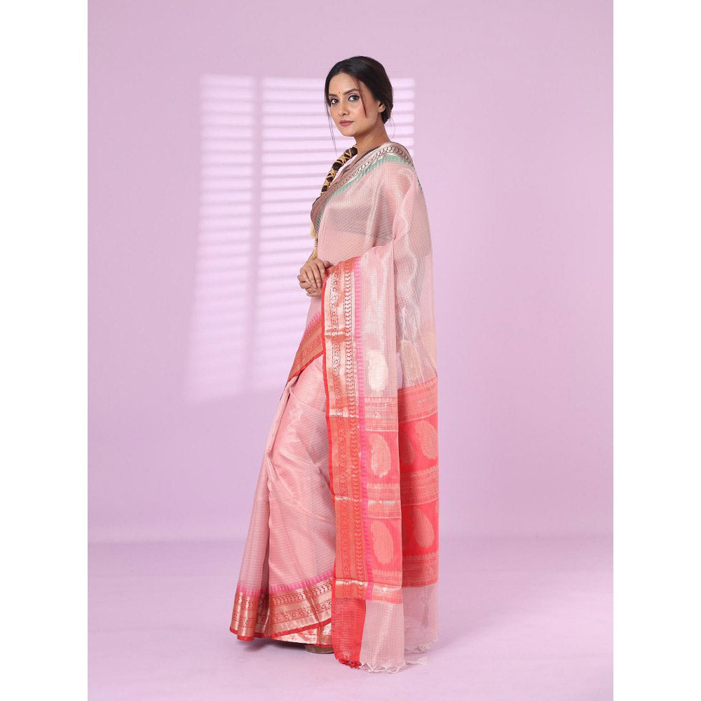 CHARUKRITI Baby Pink Tissue Checkbox Saree Ganga Jamuna Zari Border with Unstitched Blouse