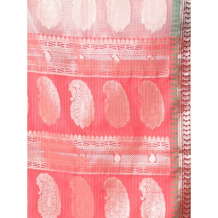 CHARUKRITI Baby Pink Tissue Checkbox Saree Ganga Jamuna Zari Border with Unstitched Blouse