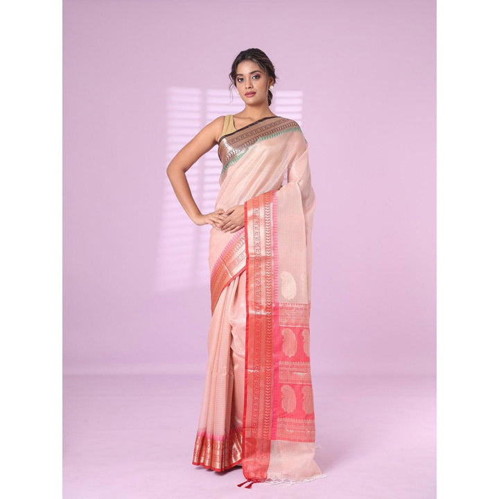 CHARUKRITI Peach Tissue Checkbox Pattern Saree Ganga Jamuna Zari Border with Unstitched Blouse