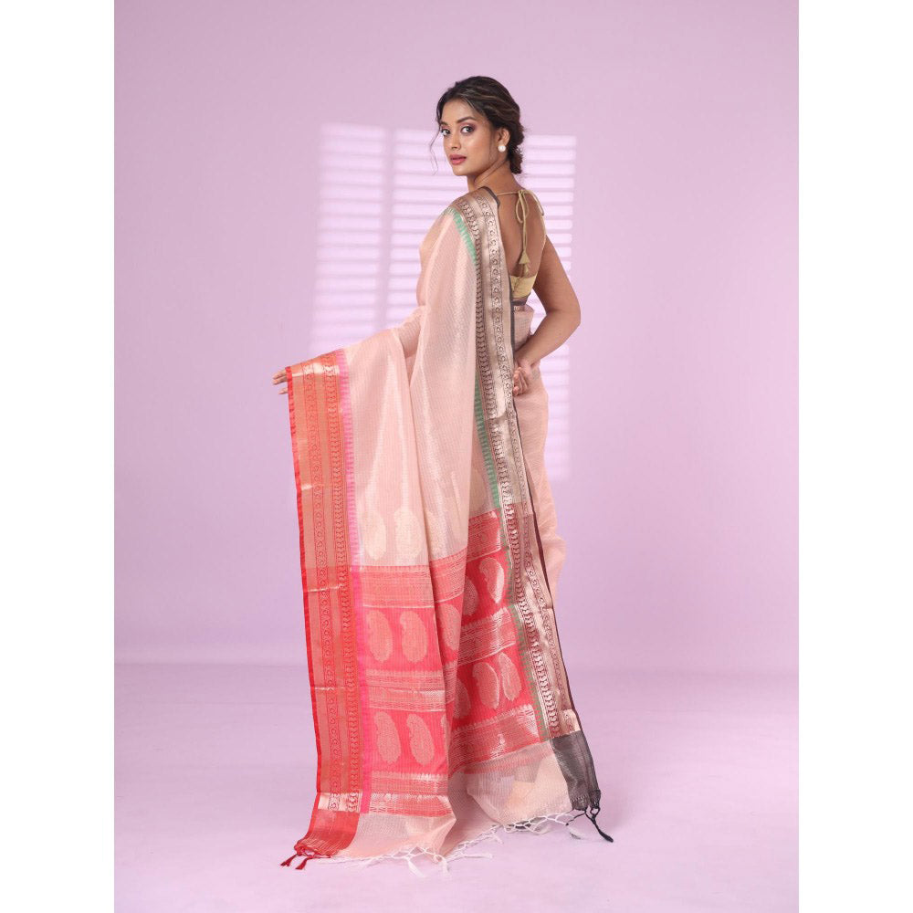 CHARUKRITI Peach Tissue Checkbox Pattern Saree Ganga Jamuna Zari Border with Unstitched Blouse