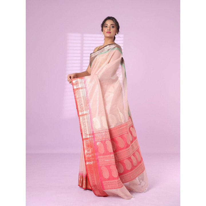 CHARUKRITI Peach Tissue Checkbox Pattern Saree Ganga Jamuna Zari Border with Unstitched Blouse