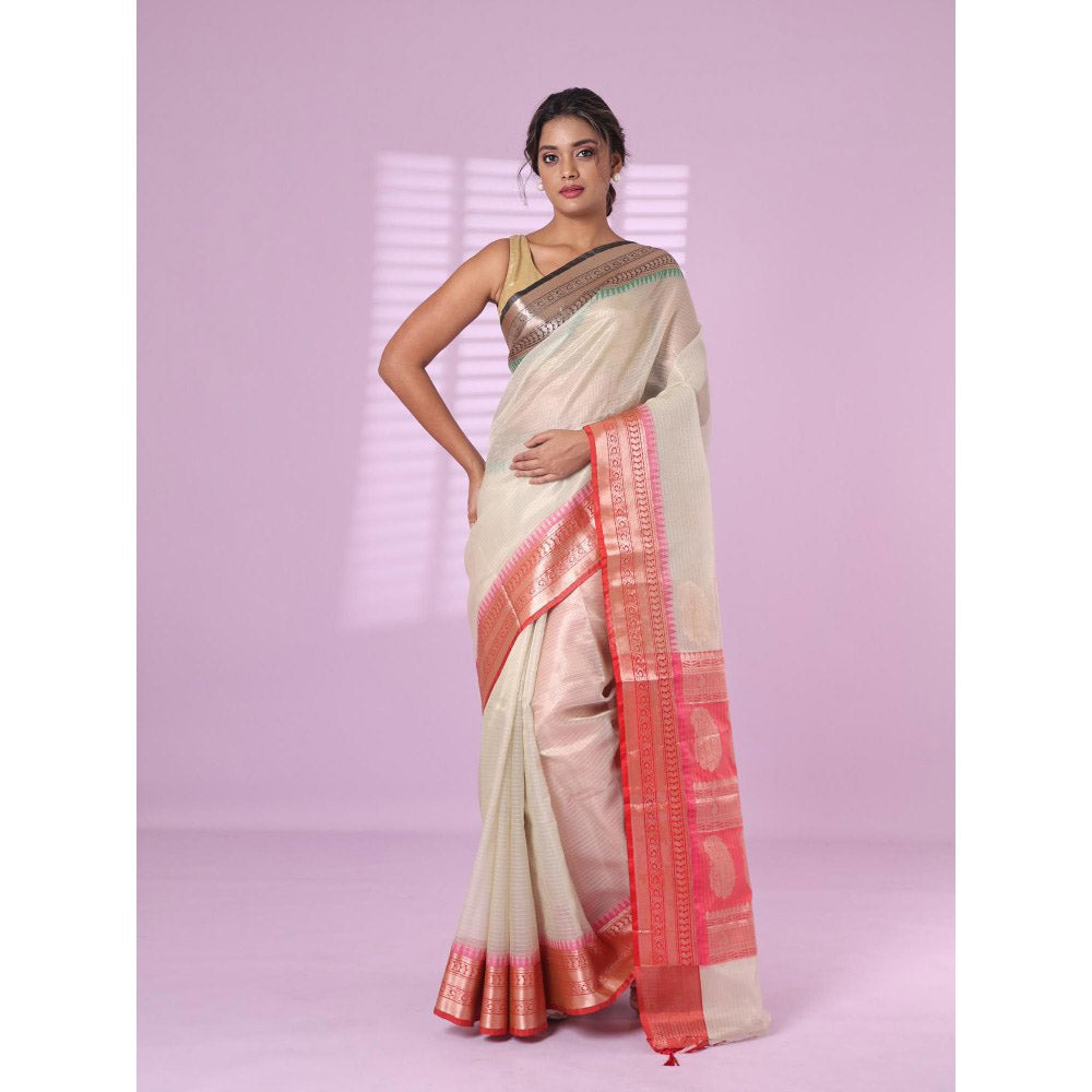 CHARUKRITI Ecru Tissue Checkbox Pattern Saree Ganga Jamuna Zari Border with Unstitched Blouse