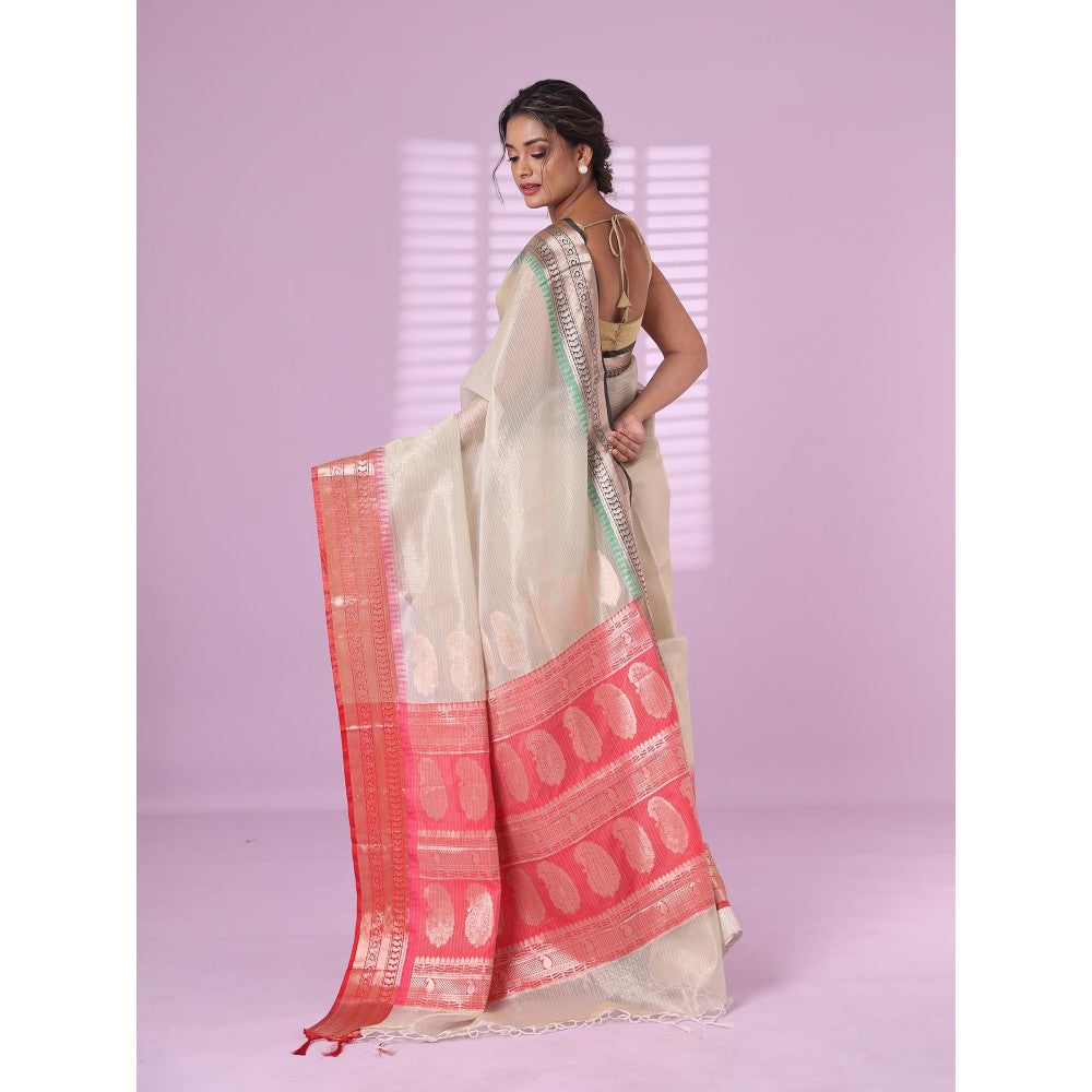 CHARUKRITI Ecru Tissue Checkbox Pattern Saree Ganga Jamuna Zari Border with Unstitched Blouse