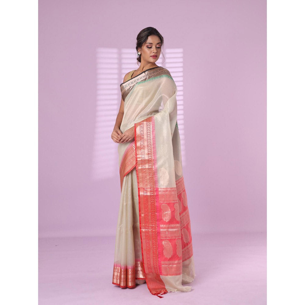 CHARUKRITI Ecru Tissue Checkbox Pattern Saree Ganga Jamuna Zari Border with Unstitched Blouse