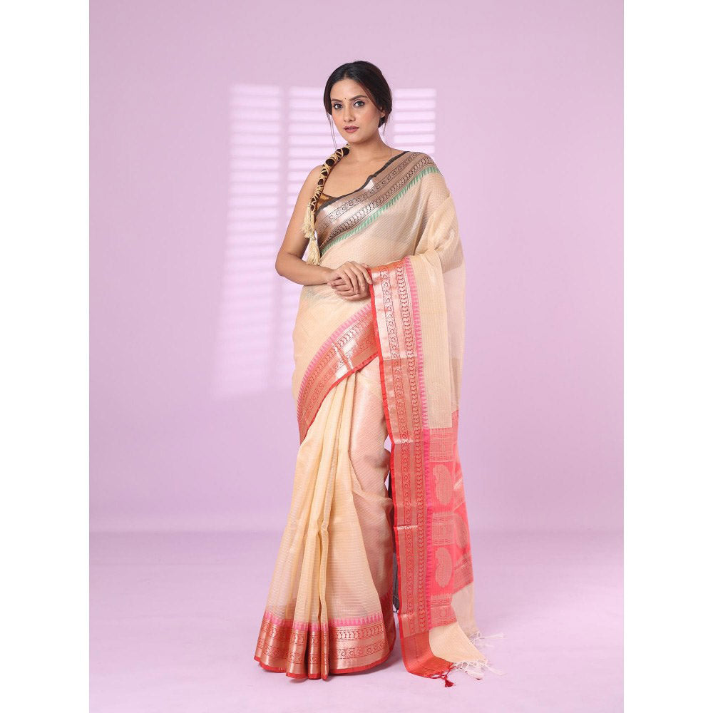 CHARUKRITI Beige Tissue Checkbox Pattern Saree Ganga Jamuna Zari Border with Unstitched Blouse