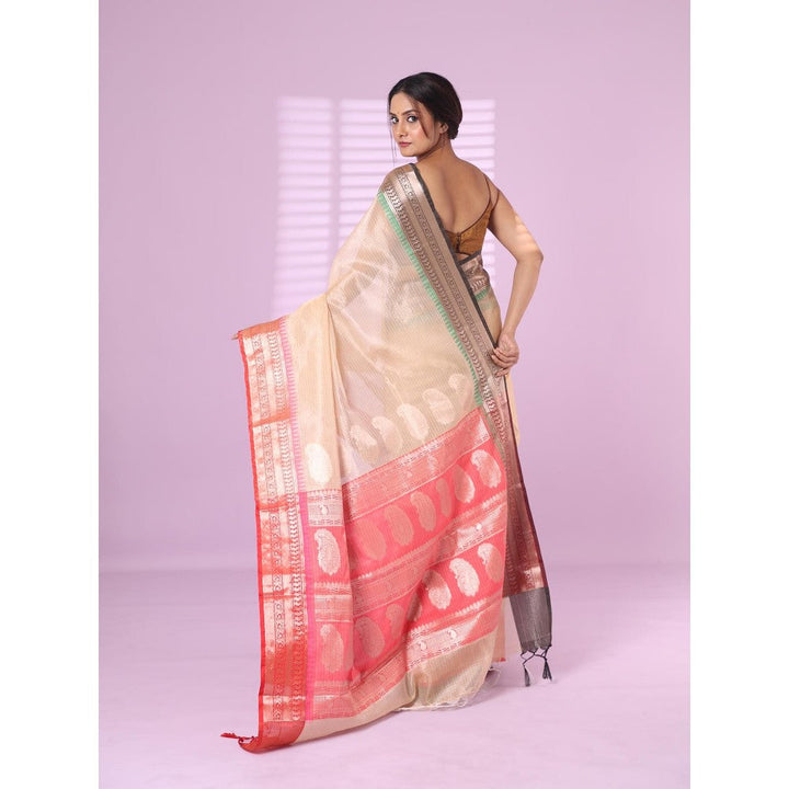 CHARUKRITI Beige Tissue Checkbox Pattern Saree Ganga Jamuna Zari Border with Unstitched Blouse