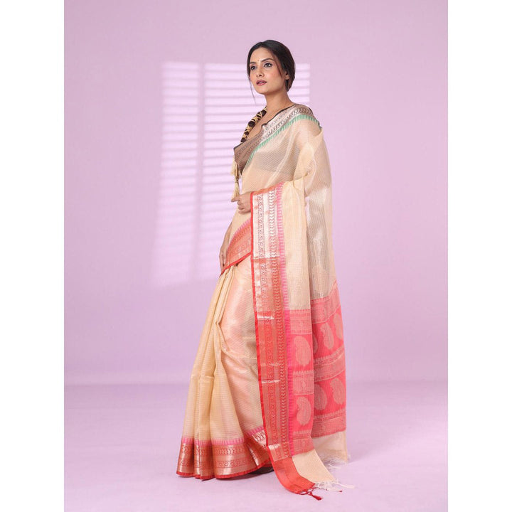 CHARUKRITI Beige Tissue Checkbox Pattern Saree Ganga Jamuna Zari Border with Unstitched Blouse