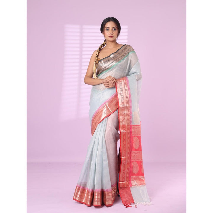 CHARUKRITI Silver Tissue Checkbox Pattern Saree Ganga Jamuna Zari Border with Unstitched Blouse