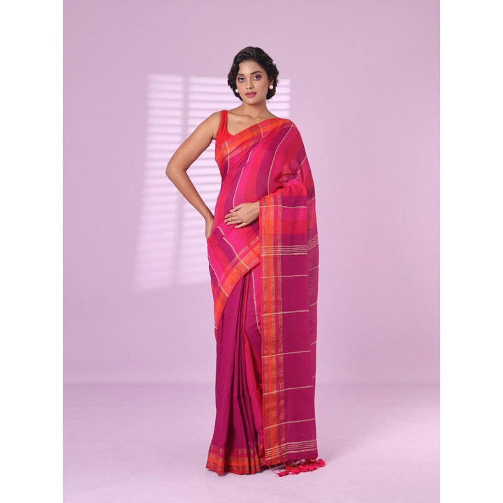 CHARUKRITI Pink Cotton Soft Saree Zari Stripe Border with Unstitched Blouse