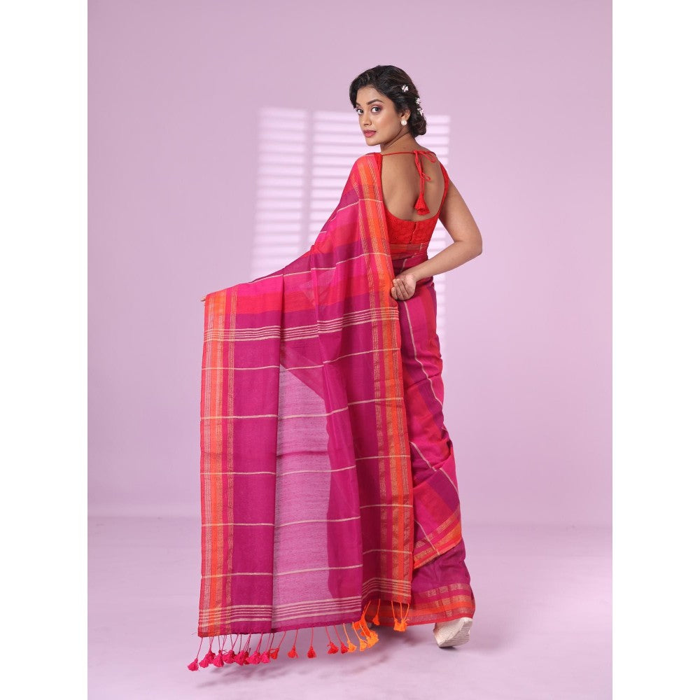 CHARUKRITI Pink Cotton Soft Saree Zari Stripe Border with Unstitched Blouse