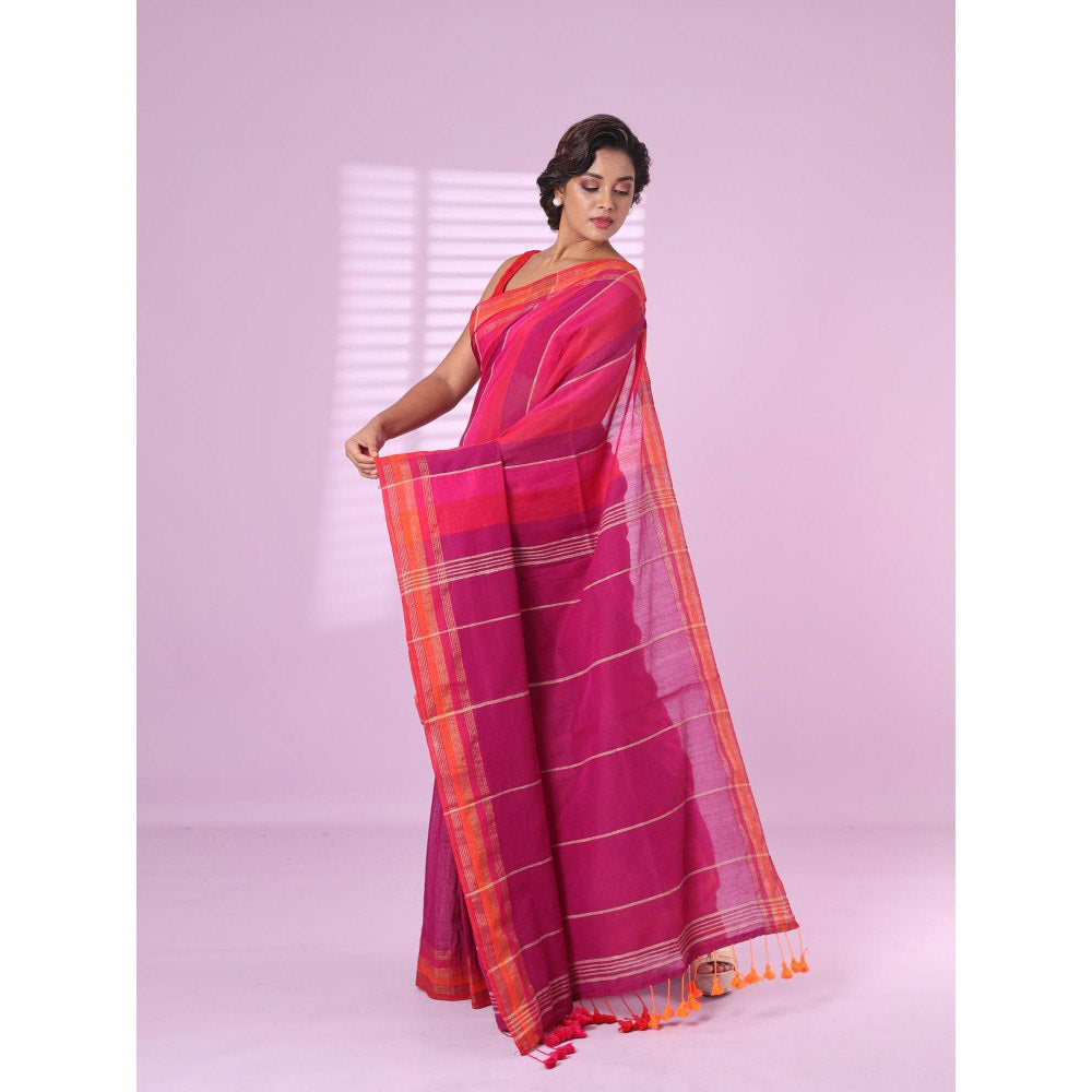 CHARUKRITI Pink Cotton Soft Saree Zari Stripe Border with Unstitched Blouse