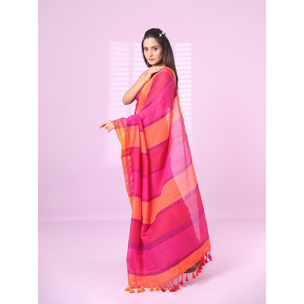 CHARUKRITI Multicolour Cotton Soft Saree Zari Stripe Border with Unstitched Blouse