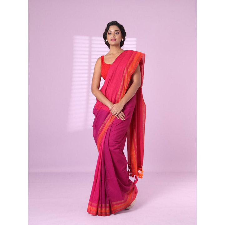 CHARUKRITI Pink Cotton Soft Saree Zari Stripe Border with Unstitched Blouse