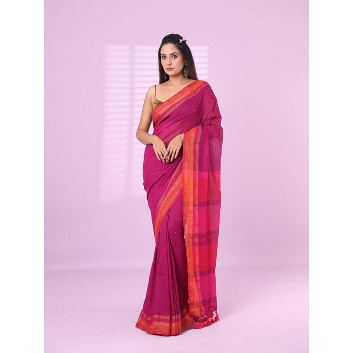 CHARUKRITI Purple Cotton Soft Sequence Stripes Saree Zari Stripe Border with Unstitched Blouse