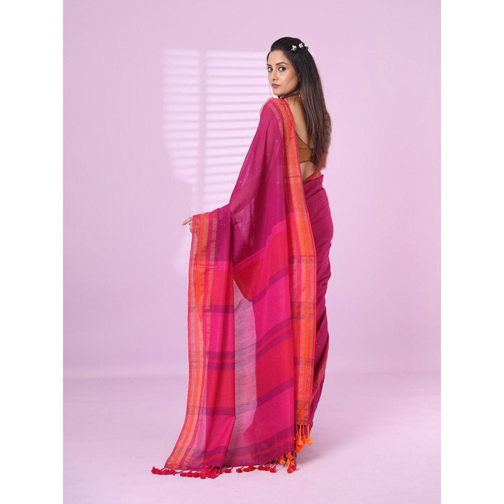 CHARUKRITI Purple Cotton Soft Sequence Stripes Saree Zari Stripe Border with Unstitched Blouse