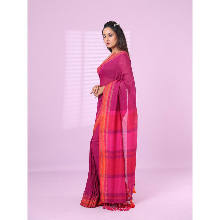 CHARUKRITI Purple Cotton Soft Sequence Stripes Saree Zari Stripe Border with Unstitched Blouse