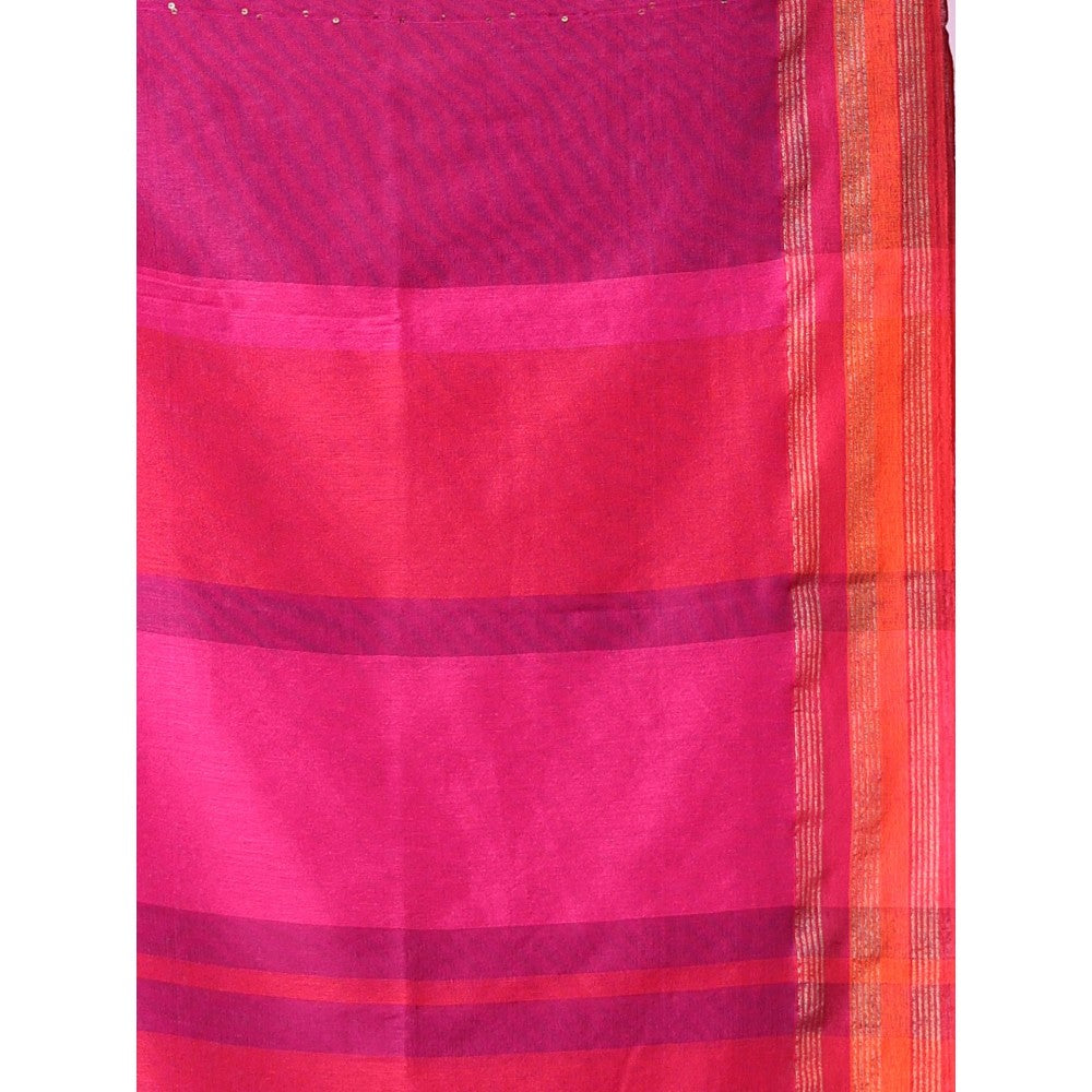 CHARUKRITI Purple Cotton Soft Sequence Stripes Saree Zari Stripe Border with Unstitched Blouse