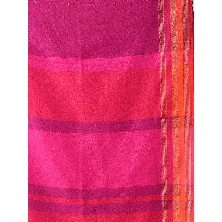 CHARUKRITI Purple Cotton Soft Sequence Stripes Saree Zari Stripe Border with Unstitched Blouse