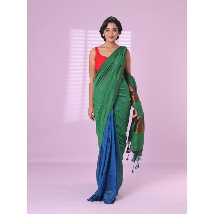 CHARUKRITI Green & Sapphire Blue Patli Pallu Cotton Soft Saree Stripes Zari with Unstitched Blouse