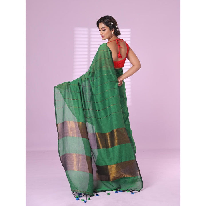 CHARUKRITI Green & Sapphire Blue Patli Pallu Cotton Soft Saree Stripes Zari with Unstitched Blouse