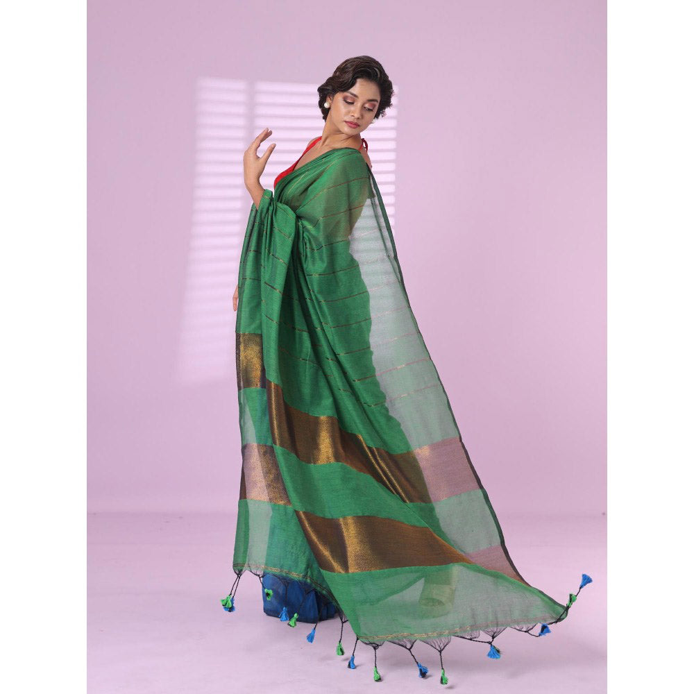 CHARUKRITI Green & Sapphire Blue Patli Pallu Cotton Soft Saree Stripes Zari with Unstitched Blouse