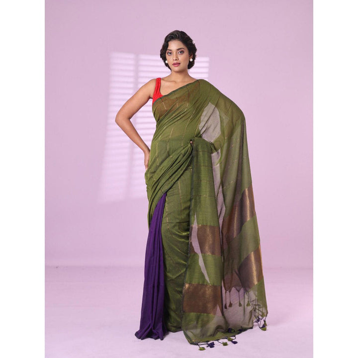 CHARUKRITI Moss Olive & Purple Patli Pallu Cotton Soft Saree Stripes Zari with Unstitched Blouse