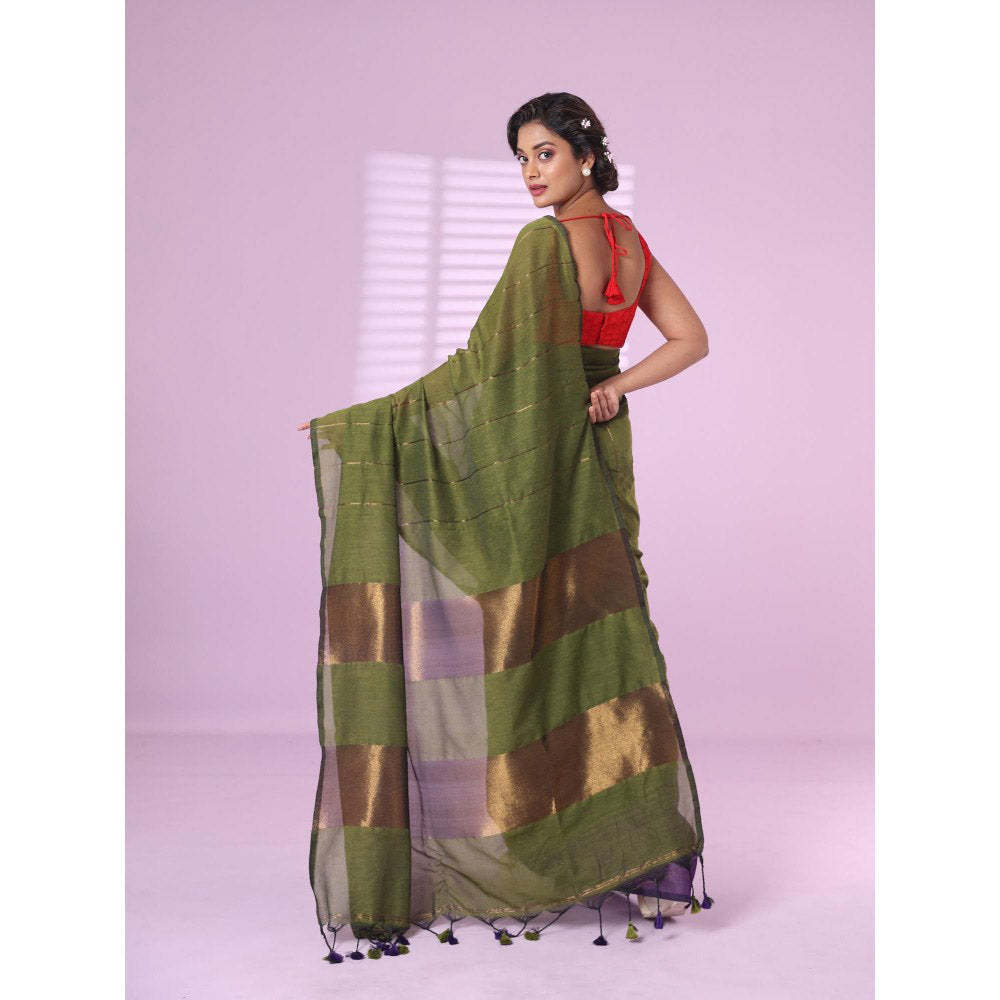 CHARUKRITI Moss Olive & Purple Patli Pallu Cotton Soft Saree Stripes Zari with Unstitched Blouse