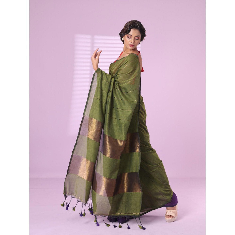 CHARUKRITI Moss Olive & Purple Patli Pallu Cotton Soft Saree Stripes Zari with Unstitched Blouse