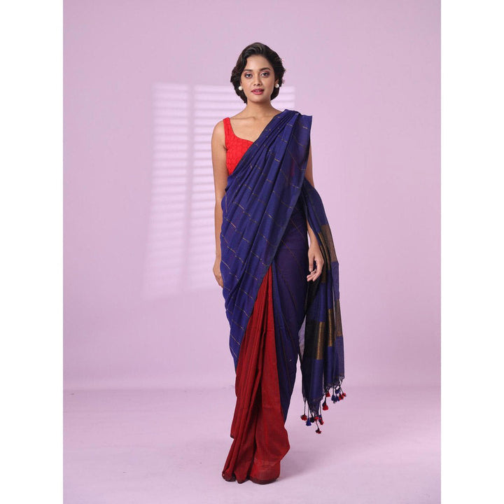 CHARUKRITI Blue and Red Patli Pallu Cotton Soft Saree Stripes Zari with Unstitched Blouse