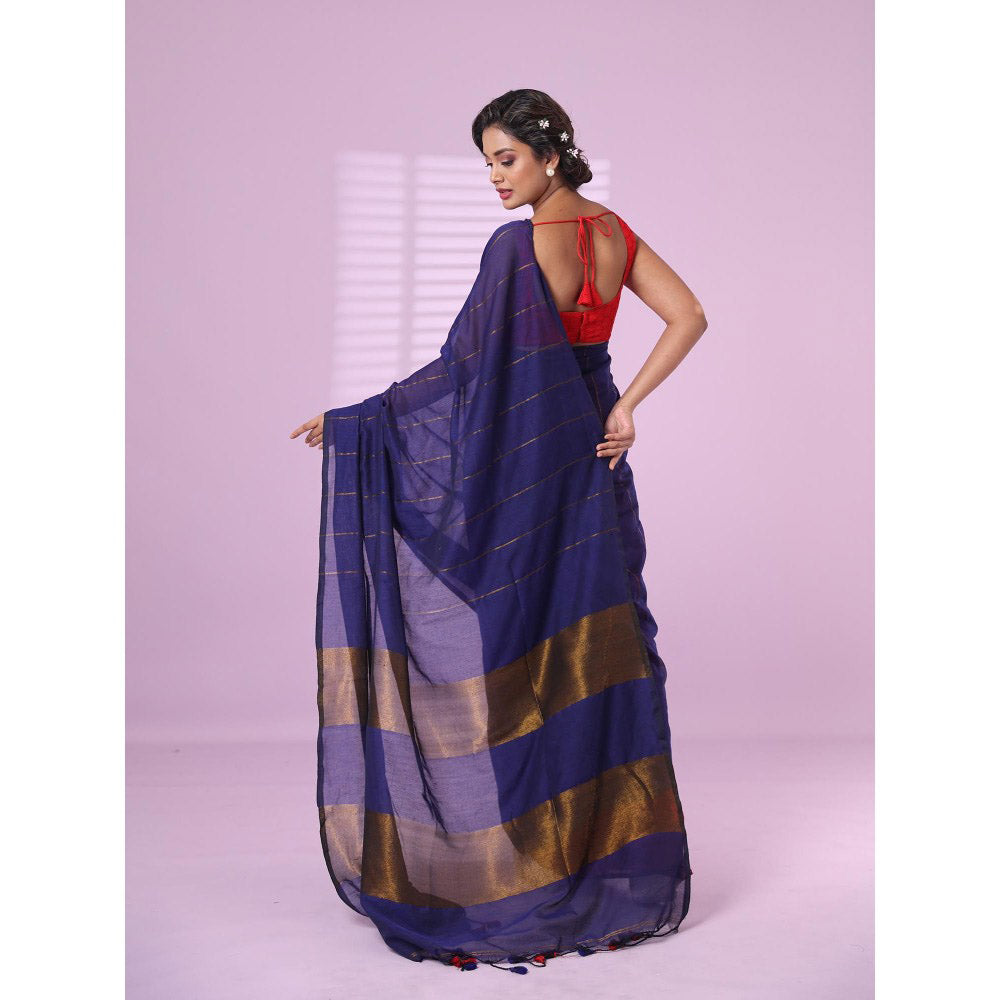 CHARUKRITI Blue and Red Patli Pallu Cotton Soft Saree Stripes Zari with Unstitched Blouse