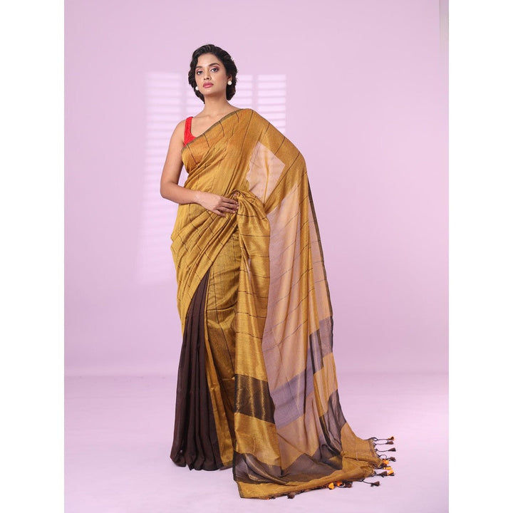 CHARUKRITI Yellow and Brown Patli Pallu Cotton Soft Saree Stripes Zari with Unstitched Blouse