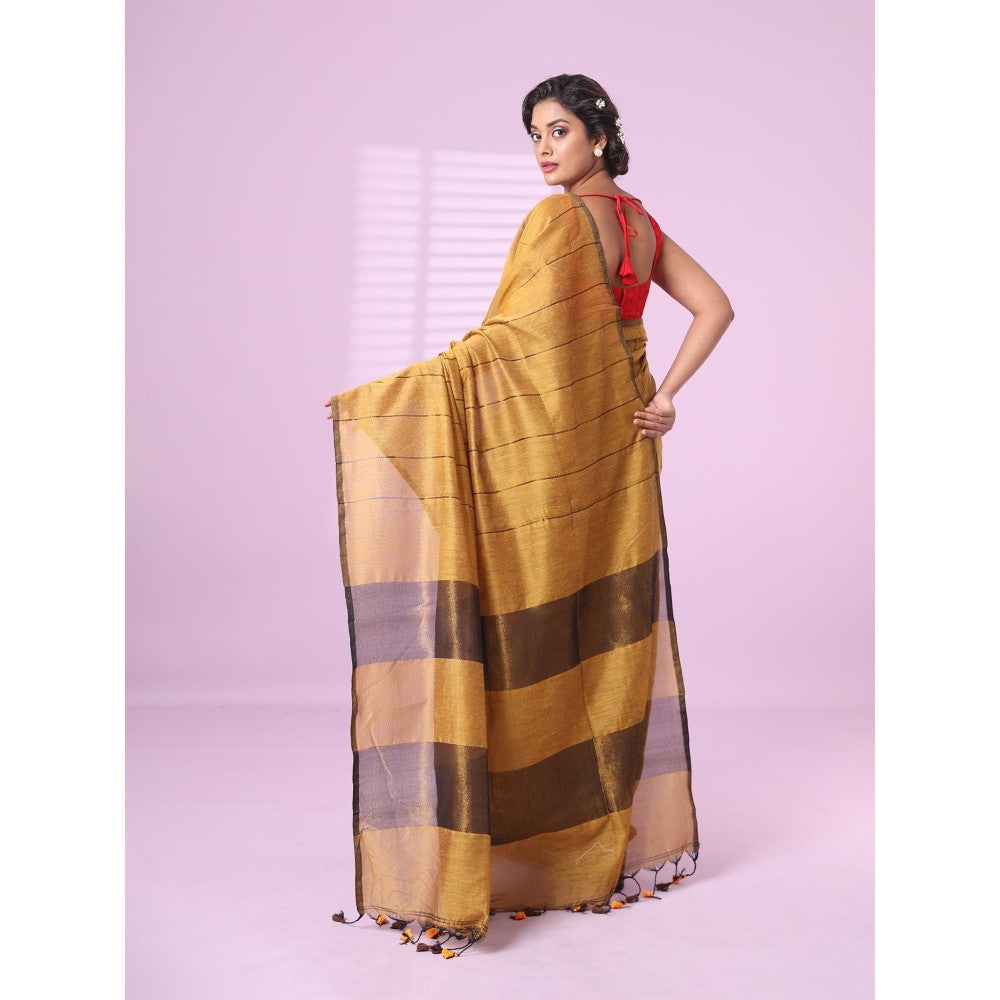 CHARUKRITI Yellow and Brown Patli Pallu Cotton Soft Saree Stripes Zari with Unstitched Blouse