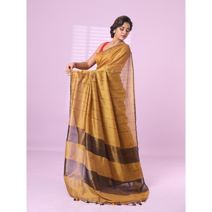 CHARUKRITI Yellow and Brown Patli Pallu Cotton Soft Saree Stripes Zari with Unstitched Blouse