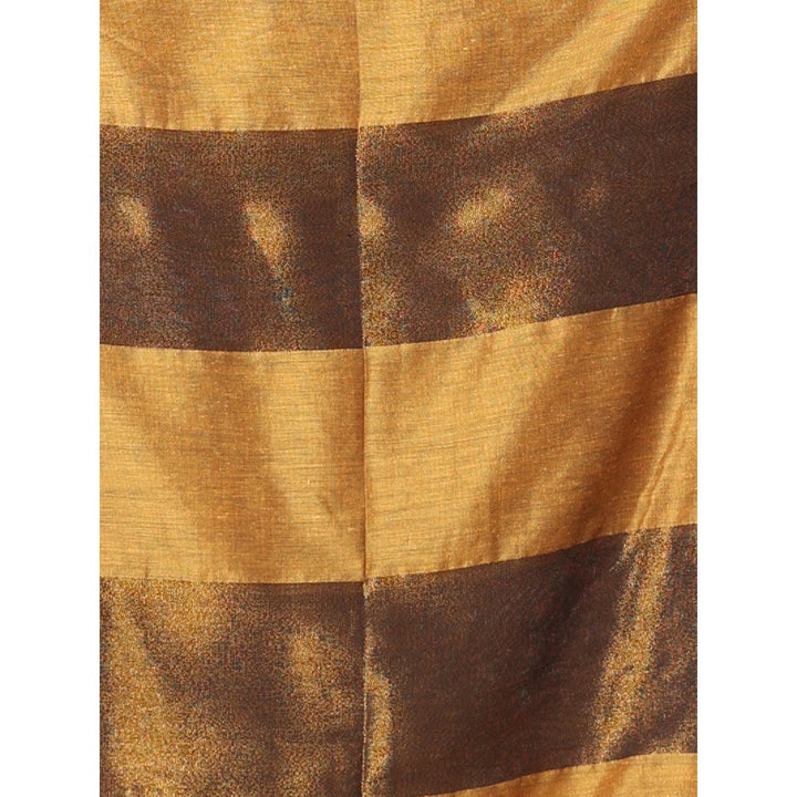 CHARUKRITI Yellow and Brown Patli Pallu Cotton Soft Saree Stripes Zari with Unstitched Blouse