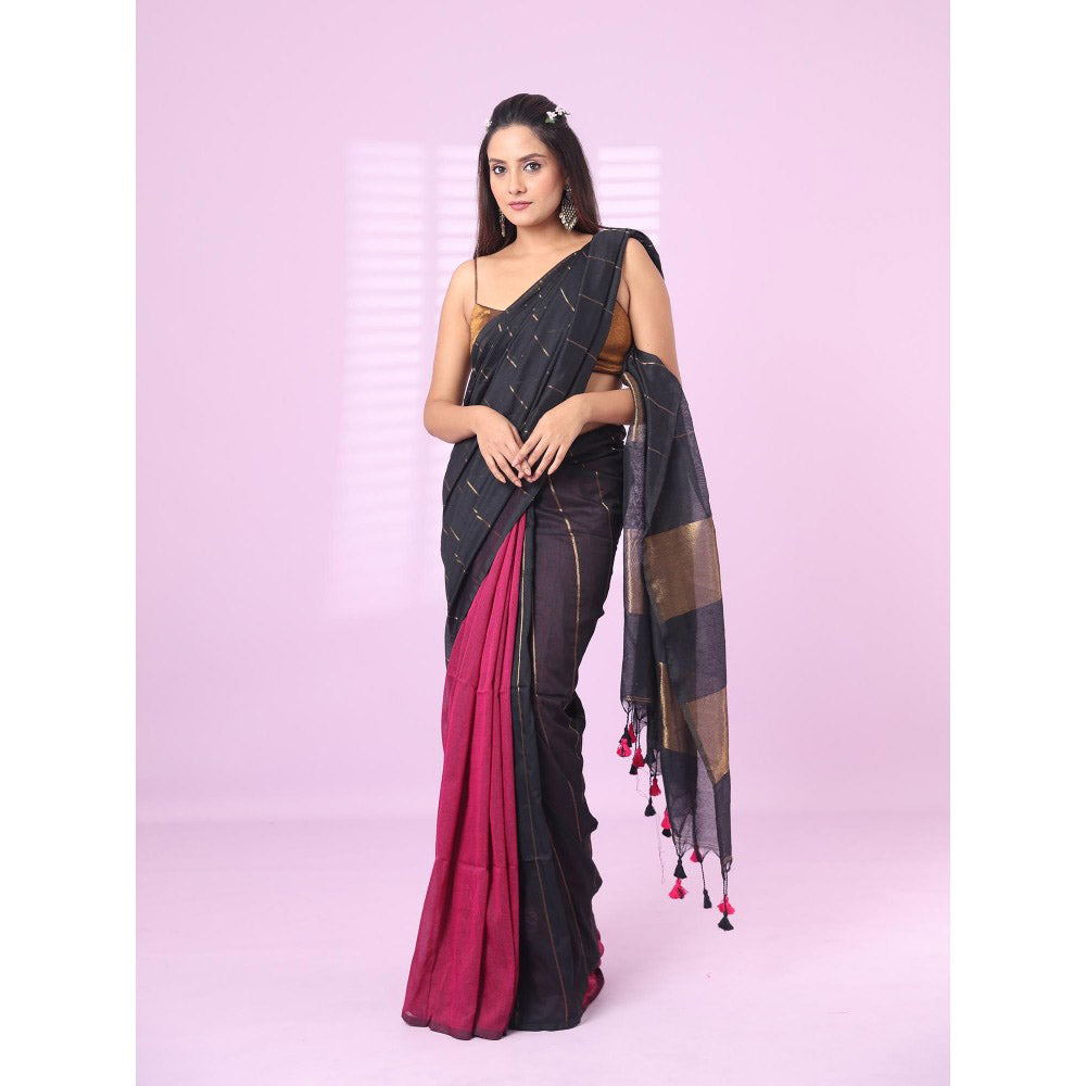 CHARUKRITI Black and Magenta Patli Pallu Cotton Soft Saree Stripes Zari with Unstitched Blouse