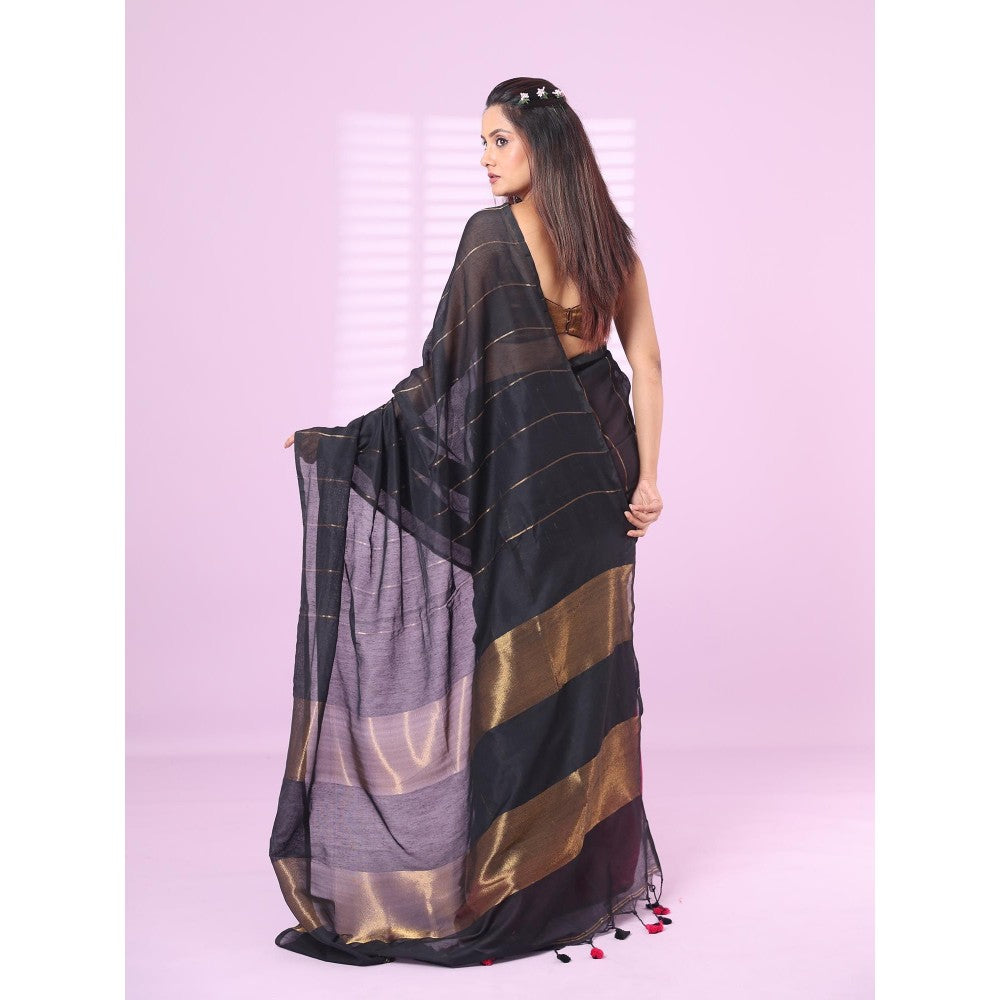 CHARUKRITI Black and Magenta Patli Pallu Cotton Soft Saree Stripes Zari with Unstitched Blouse