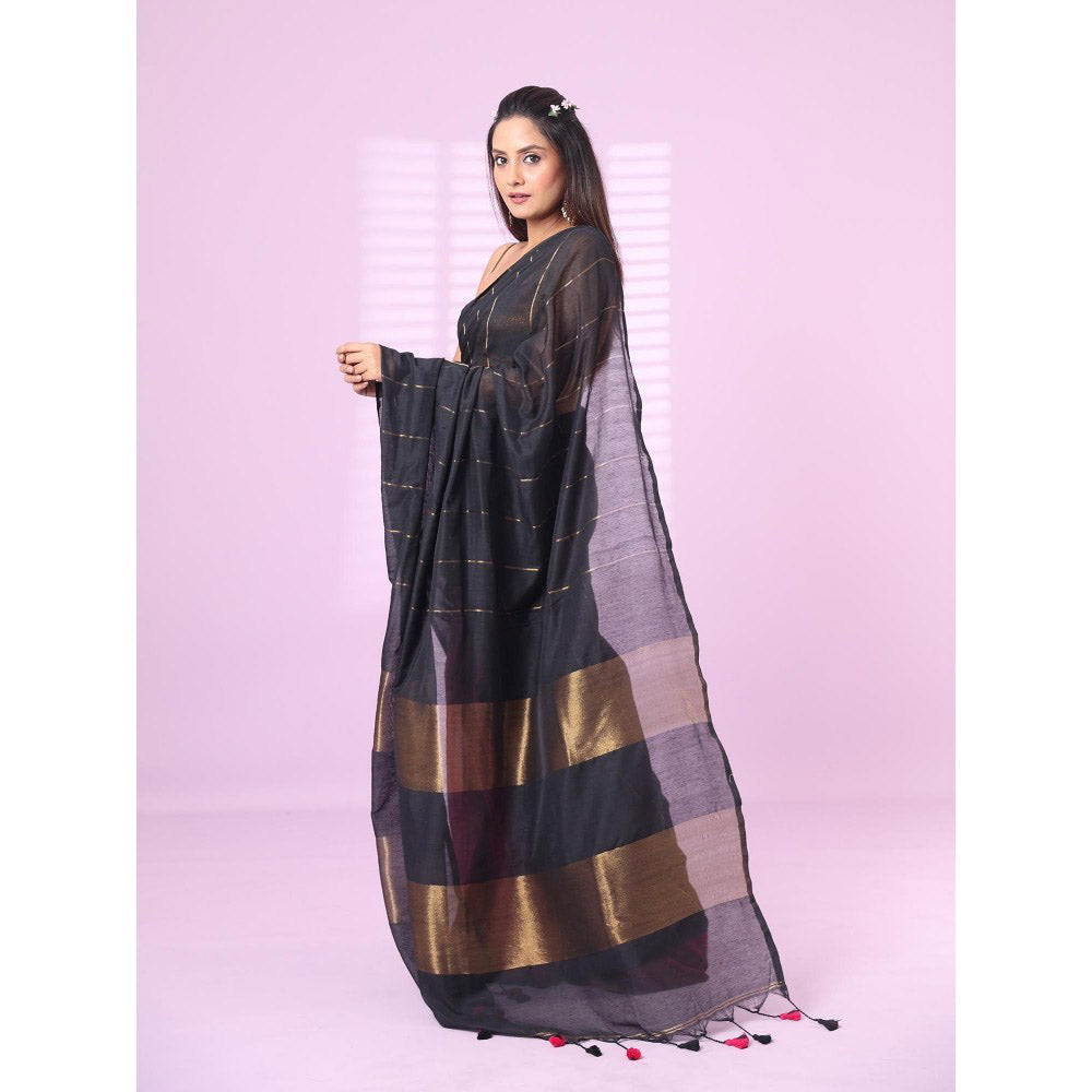 CHARUKRITI Black and Magenta Patli Pallu Cotton Soft Saree Stripes Zari with Unstitched Blouse