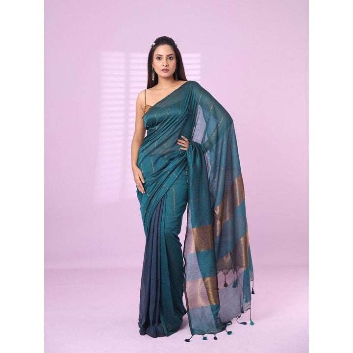 CHARUKRITI Teal & Aegean Blue Patli Pallu Cotton Soft Saree Stripes Zari with Unstitched Blouse