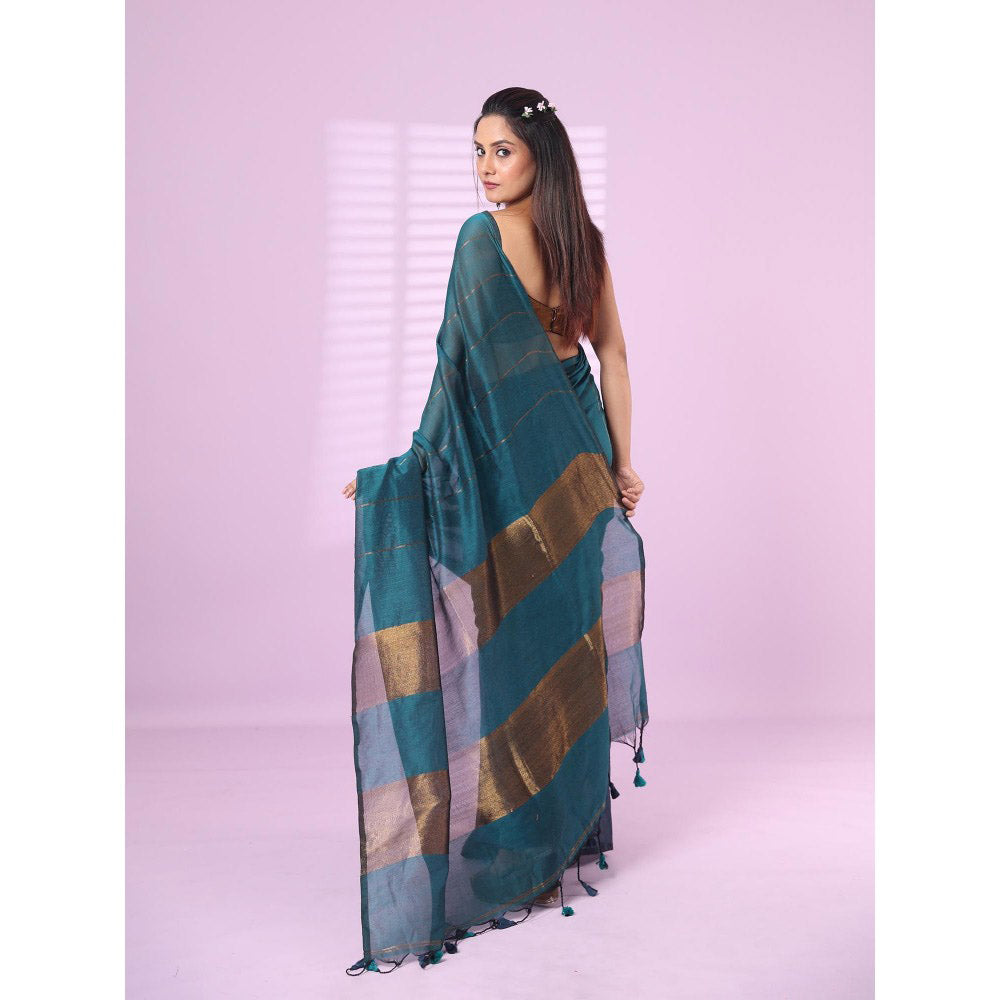 CHARUKRITI Teal & Aegean Blue Patli Pallu Cotton Soft Saree Stripes Zari with Unstitched Blouse