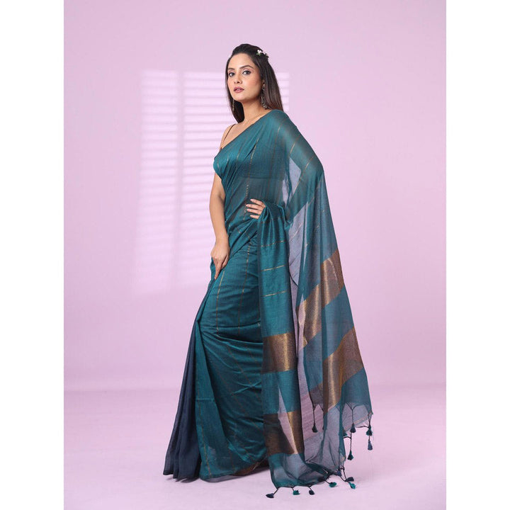 CHARUKRITI Teal & Aegean Blue Patli Pallu Cotton Soft Saree Stripes Zari with Unstitched Blouse