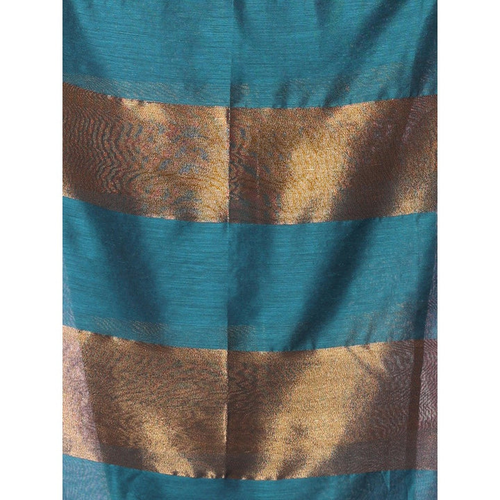 CHARUKRITI Teal & Aegean Blue Patli Pallu Cotton Soft Saree Stripes Zari with Unstitched Blouse