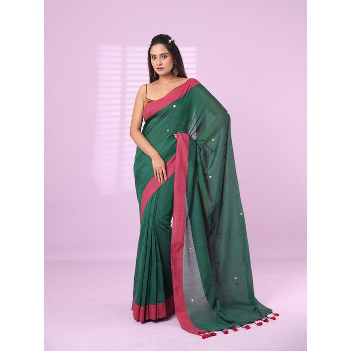 CHARUKRITI Green Cotton Sequence Work Soft Saree Contrast Border with Unstitched Blouse