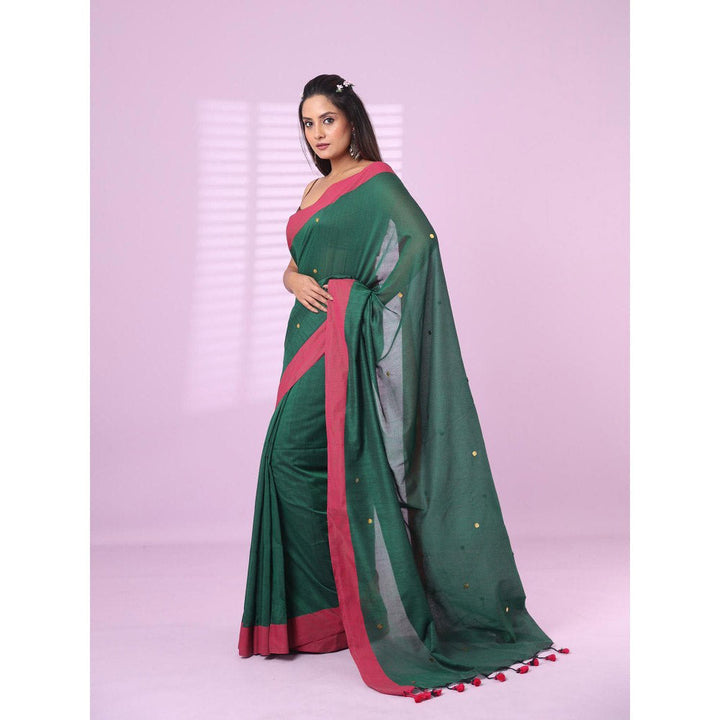 CHARUKRITI Green Cotton Sequence Work Soft Saree Contrast Border with Unstitched Blouse