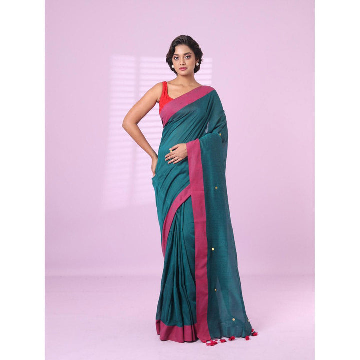 CHARUKRITI Teal Cotton Sequence Work Soft Saree Contrast Border with Unstitched Blouse